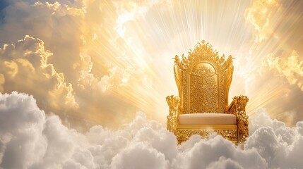 Majestic golden throne surrounded by radiant light and white clouds in a heavenly sky. Divine scene symbolizing the second coming of Jesus Christ and the essence of faith and salvation in Christianity