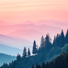 Panoramic view of a mountain range at sunrise. The mountains are covered in a soft mist, creating a sense of peace and tranquility. The color palette ranges from soft pastels 