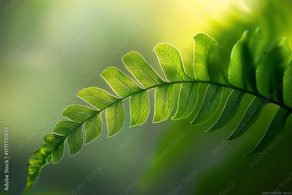 Poster close-up of a vibrant green fern frond backlit by sunlight, showing intricate details of its leaflet