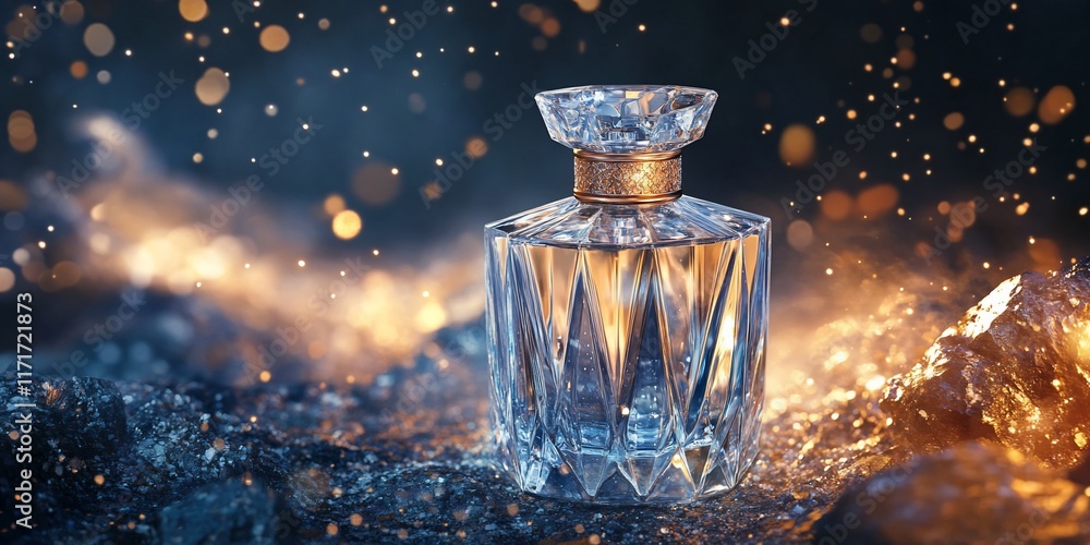 Aufkleber elegant perfume bottle on dark background with sparkling lights.