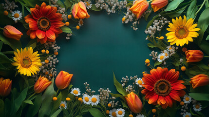 Obraz premium Boho dark style spring flowers frame, with sunflowers and tulips. Dark green background