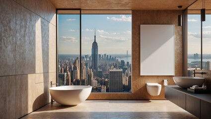 Contemporary bathroom interior with city view and mockup