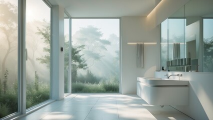 Fototapeta premium Contemporary bathroom overlooking serene nature through windows