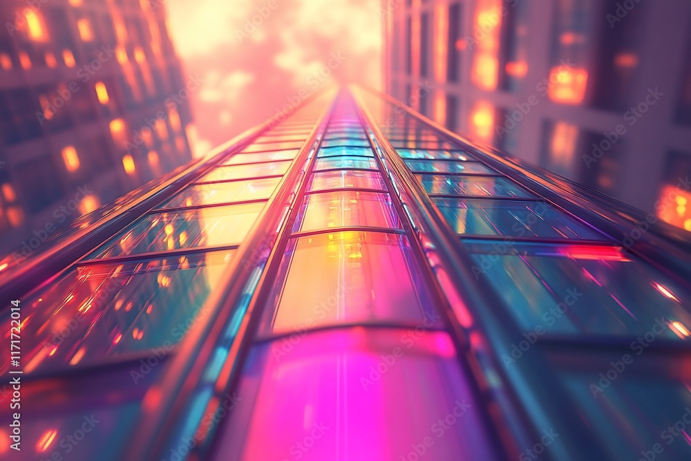 Poster low angle view of a futuristic skyscraper with vibrant neon lights reflecting on its glass facade at