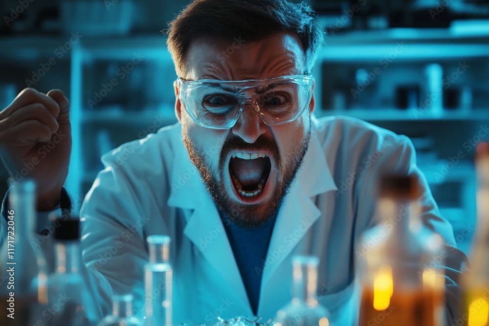 Poster frustrated scientist in lab, yelling in front of beakers and test tubes.