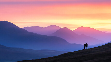 Fototapeta premium Couple standing on a hill at sunset with dramatic mountain and sky backdrop