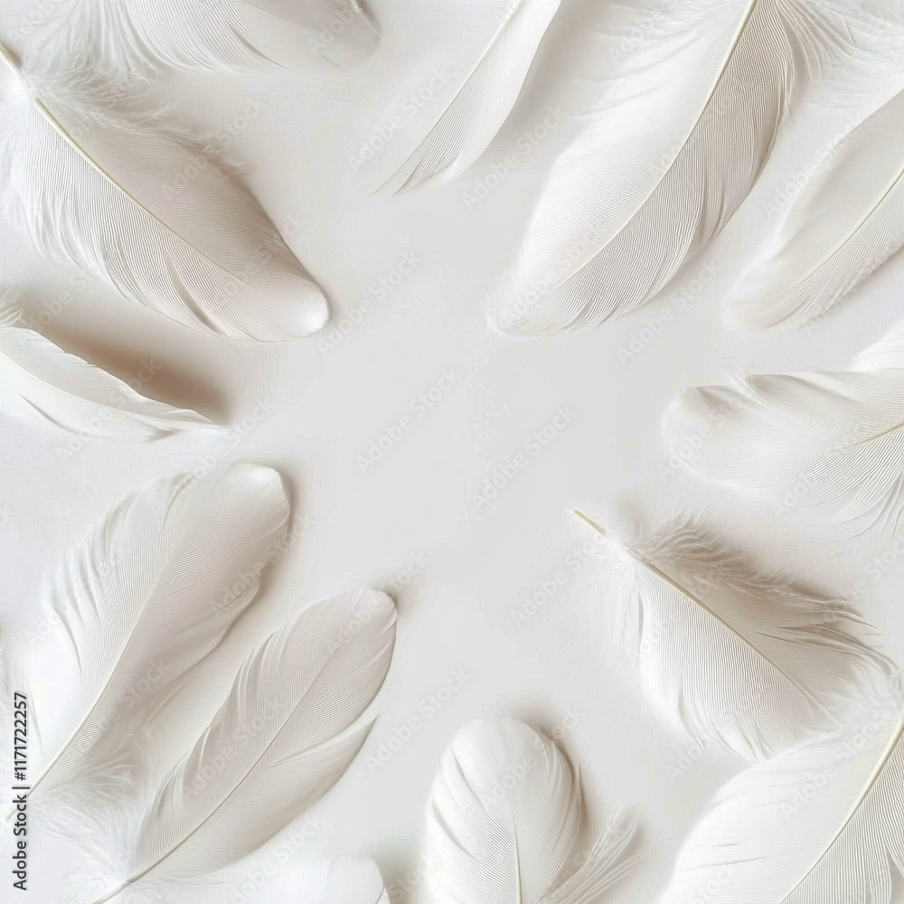 Poster white feathers arranged on a flat surface creating a soft and elegant design for crafts or decoratio