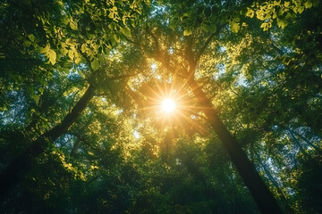 Sun shining through lush green canopy of trees in forest