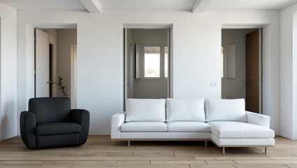 Contemporary white living room with modern black armchairs