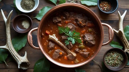 Copper pot of venison goulash with rustic accents