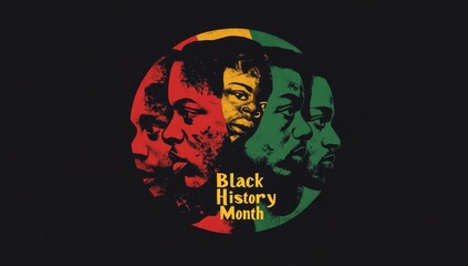 Black History Month poster with text "Black History Month" in red, yellow, green, and black colors on a circular design, featuring African American faces Generative AI