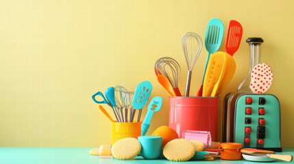 vibrant kitchen scene featuring colorful utensils, baking tools, and cookies, creating cheerful and playful atmosphere perfect for baking enthusiasts