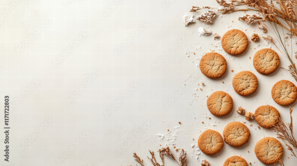 Poster delicious cookies arranged on light background with scattered flour and dried grass, creating warm a