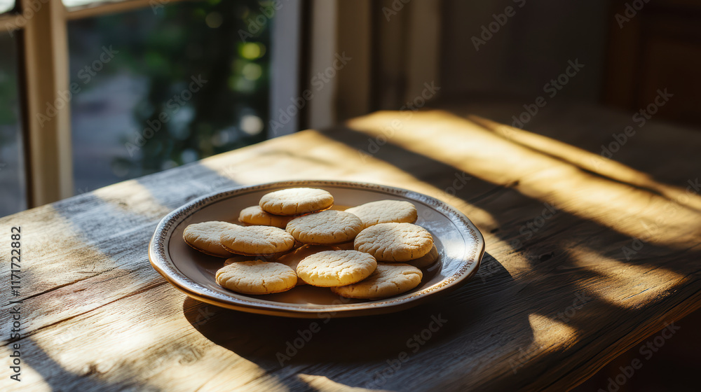 Poster rustic wooden table showcases plate of golden cookies, beautifully illuminated by soft sunlight stre