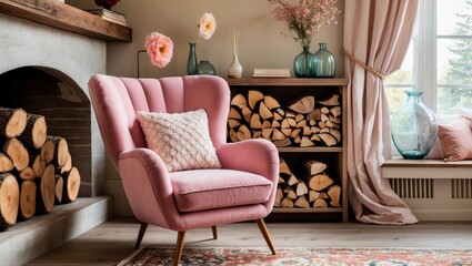 Cozy pink chair beside firewood shelf