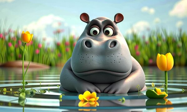 Cute Cartoon Animated Hippo in a Pond