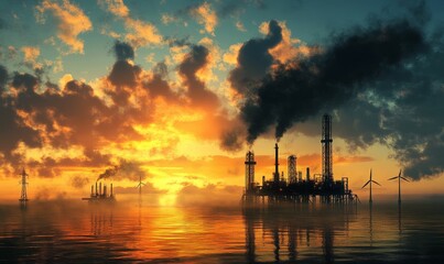 Obraz premium Offshore platforms, sunset, smoke, wind turbines, ocean.