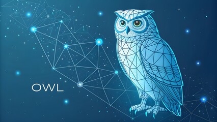 Owl isolated from low poly wireframe on dark background. Wild bird of prey. Vector polygonal image in the form of a starry sky or space, consisting of points, lines, and shapes 