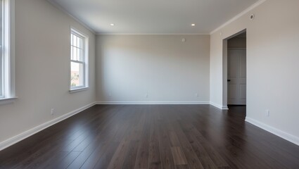 Dark wooden flooring in spacious renovated empty room