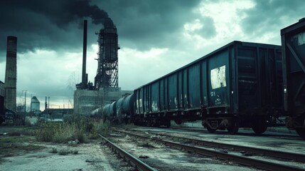 Fototapeta premium Dark, ominous industrial landscape with train and smoke-belching factory under stormy sky.
