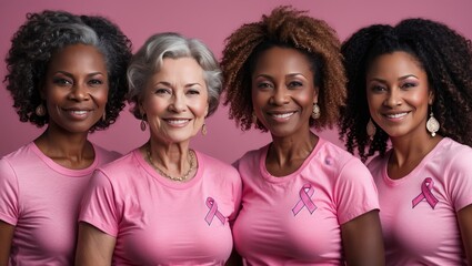Diverse breast cancer survivors united in pink shirts