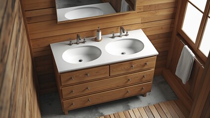 Fototapeta premium Double sink vanity in rustic wooden bathroom decor