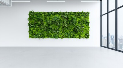 A contemporary office featuring large windows and a green living wall adorned with perennial plants.