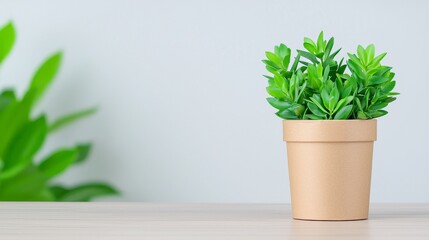 Fototapeta premium A stack of cardboard boxes on a wooden table, desk, or shelf, with a blurred minimal kitchen and living room in the background, showcasing houseplants and interior design, highlighting a moving house