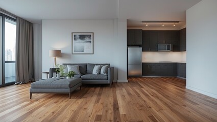Empty modern apartment living room with hardwood flooring
