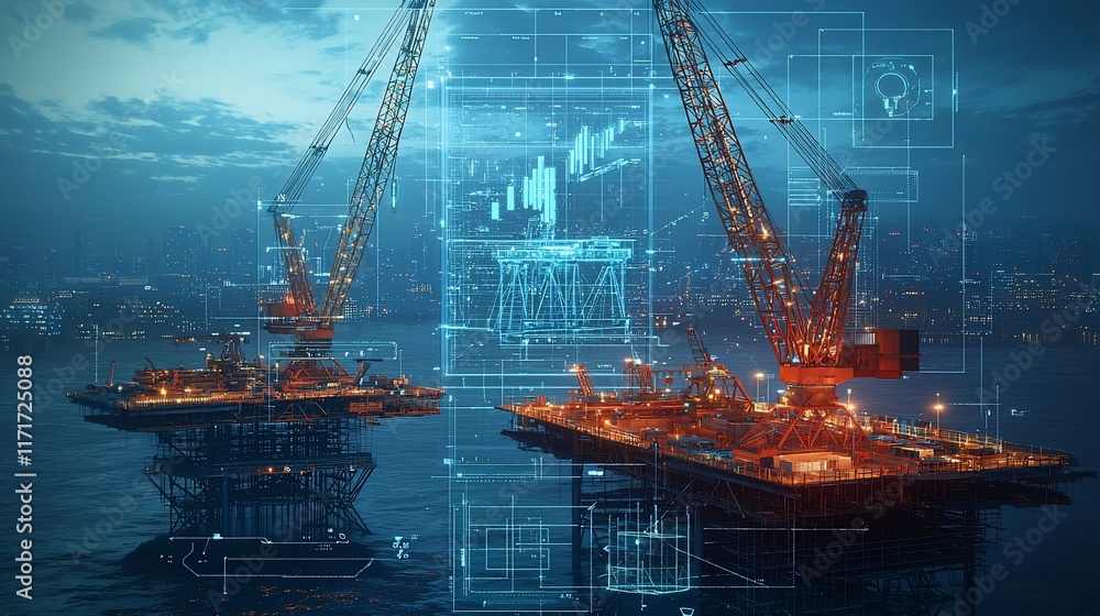 Poster Two offshore oil rigs at night with digital overlay showing data and platform design.
