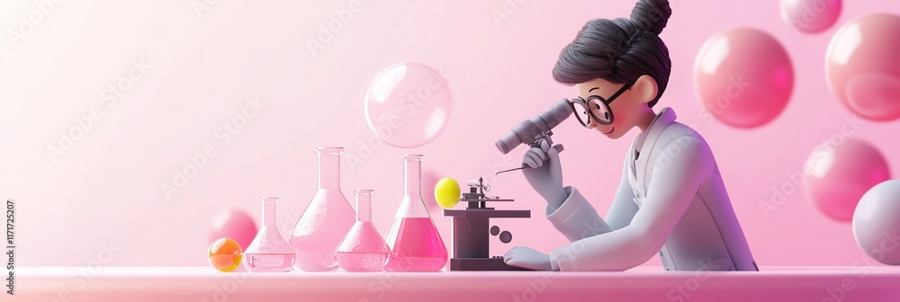 Leinwandbilder cartoon scientist using microscope in lab with pink glassware and spheres.