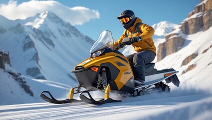 Extreme snowmobile rider racing through snowy mountains