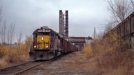 Freight train on railway tracks passing industrial area.