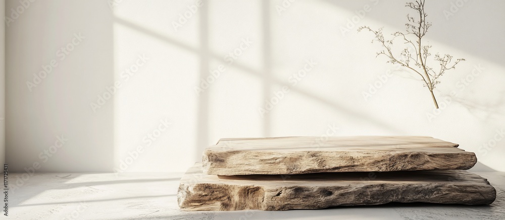 Poster rustic wooden display stand on light background with dried flowers and sunlight.