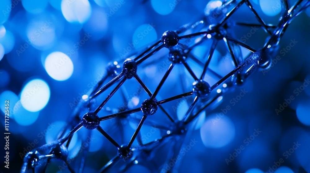 Poster Abstract blue molecular structure model on bokeh background.