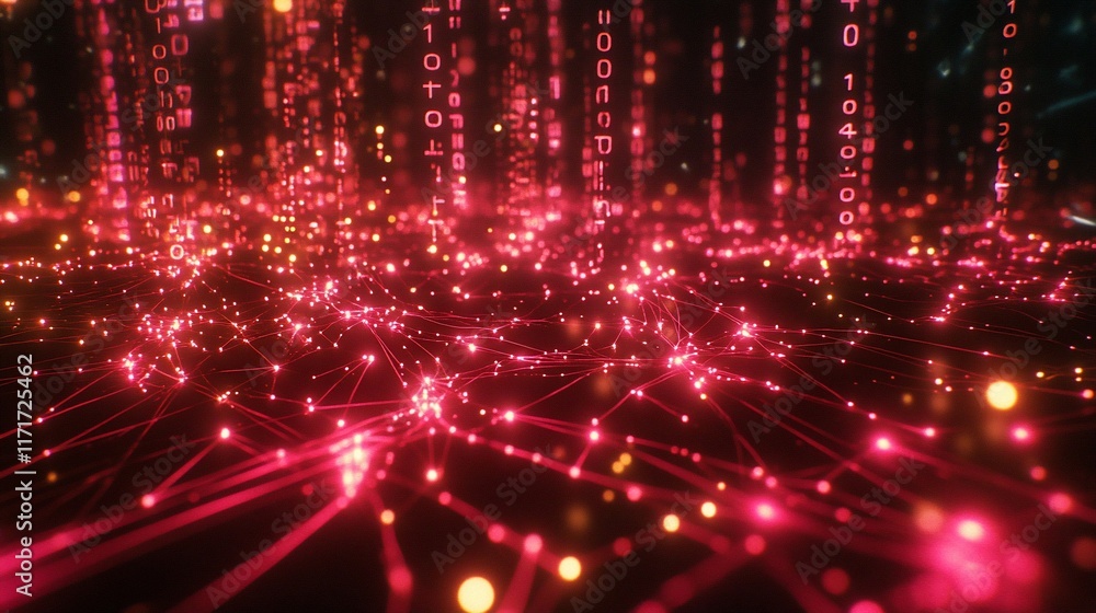 Aufkleber Abstract digital landscape with glowing red lines and binary code.