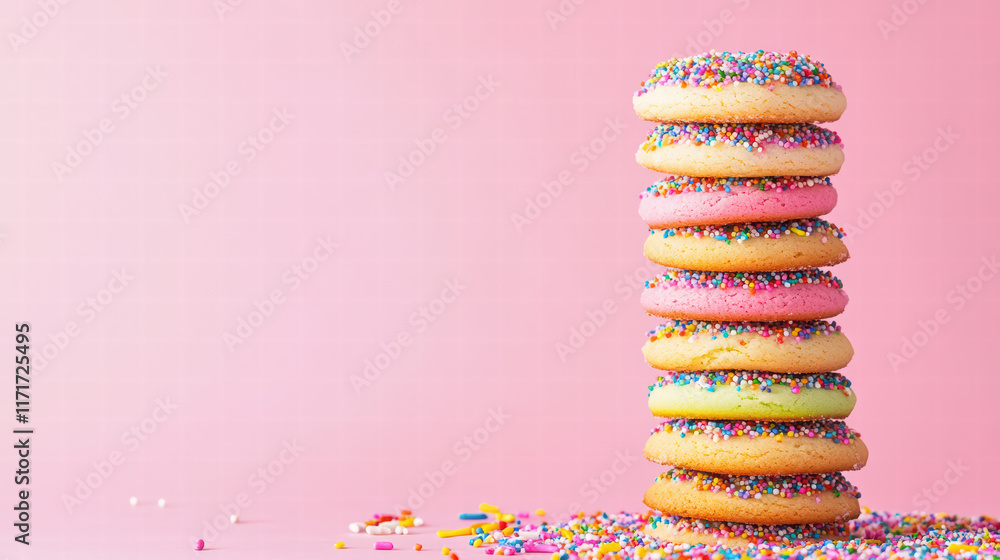 Poster delightful stacked cookies with colorful sprinkles create whimsical tower against soft pink backgrou