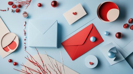Minimalistic Valentine Day flatlay with pastel blue and red elements – featuring a gift box, envelope, and festive decorations, perfect for greeting cards and celebration banners.
