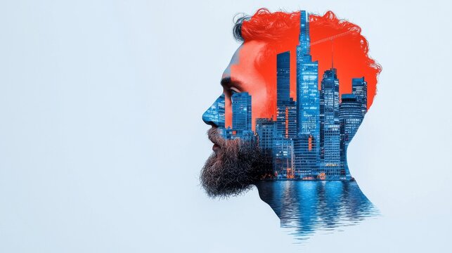 The vision of a businessman merges with the nocturnal cityscape, representing modern business dynamics and innovation.