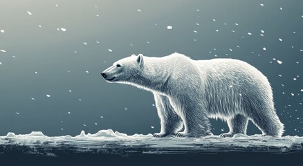 Fototapeta premium Polar bear in a snowy landscape under falling snowflakes during winter twilight