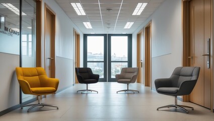 Four chairs in office hallway with customizable space
