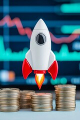Rockets take off from coins, symbolizing startup expansion via equity crowdfunding and investment prospects.