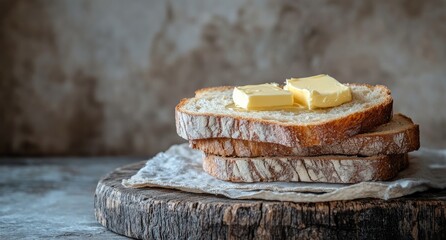 Freshly baked bread slices topped with butter on a rustic wooden surface
