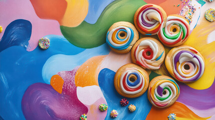 Colorful pinwheel cookies arranged on vibrant mural backdrop create joyful and artistic scene. bright colors and playful design evoke sense of fun and creativity