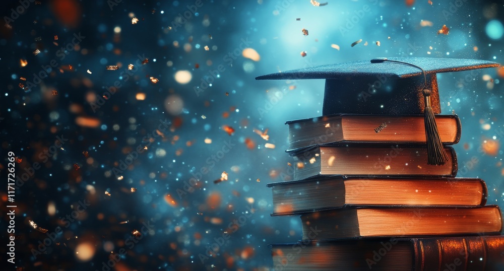 Poster graduation cap resting on a stack of books with colorful confetti floating in the air