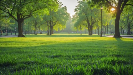 Obraz premium Fresh green lawn with trees in morning light