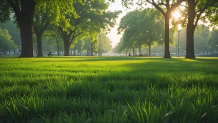 Obraz premium Fresh green lawn with trees in morning light