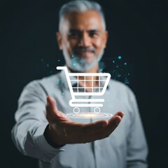 business professional, holding tablet, digital shopping carts, e-commerce icons, blue holographic interface, futuristic technology, online retail concept, glowing icons, dark background, corporate att
