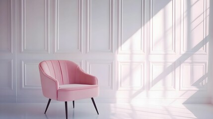 Elegant pink chair positioned against a softly lit white wall