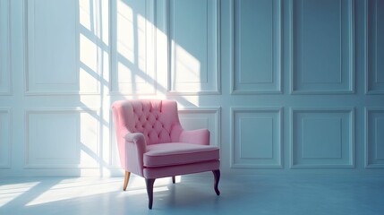 Elegant pink armchair positioned in a bright, minimalistic room with natural light